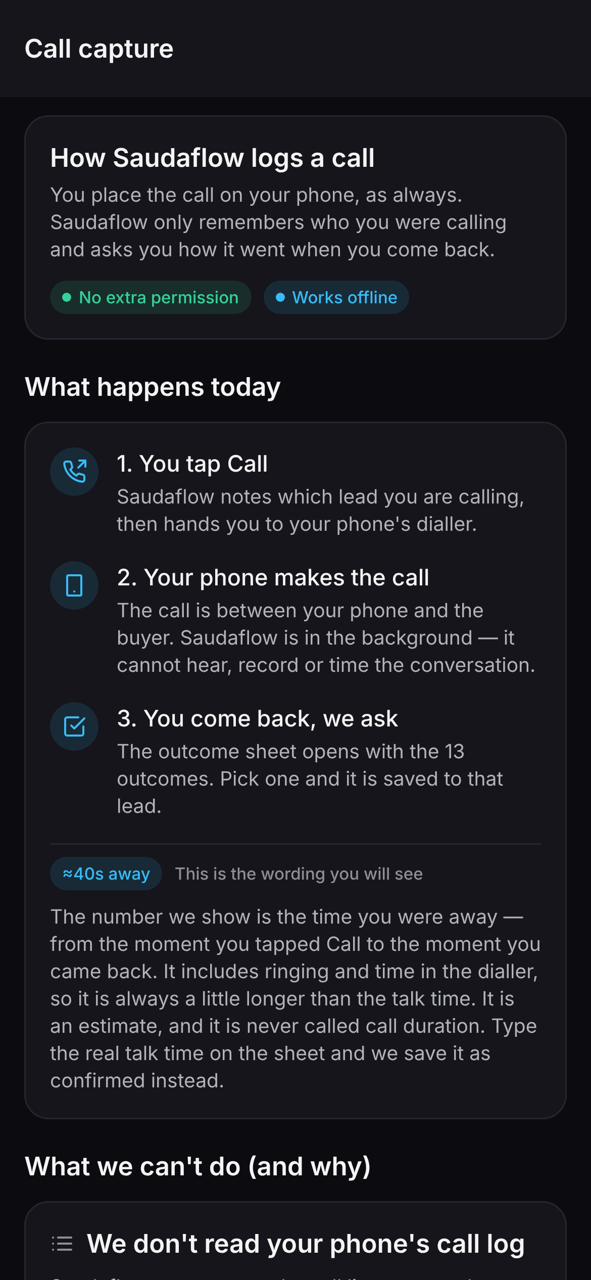 Saudaflow's call-capture screen explaining that the app never reads the phone's call log and instead asks for the outcome when the user returns from the dialler.