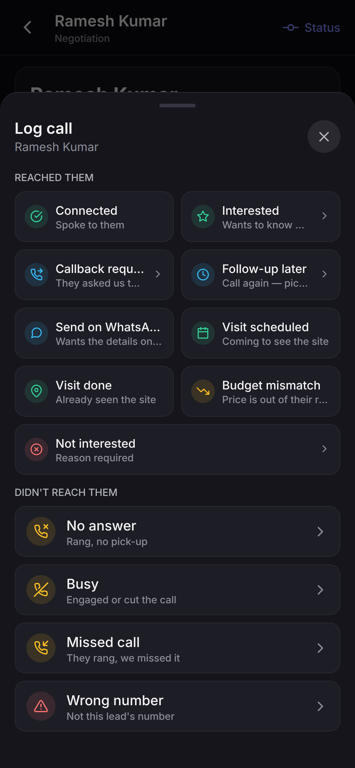 Saudaflow's post-call sheet on Android, showing all thirteen call outcomes grouped into nine that reached the buyer and four that did not.