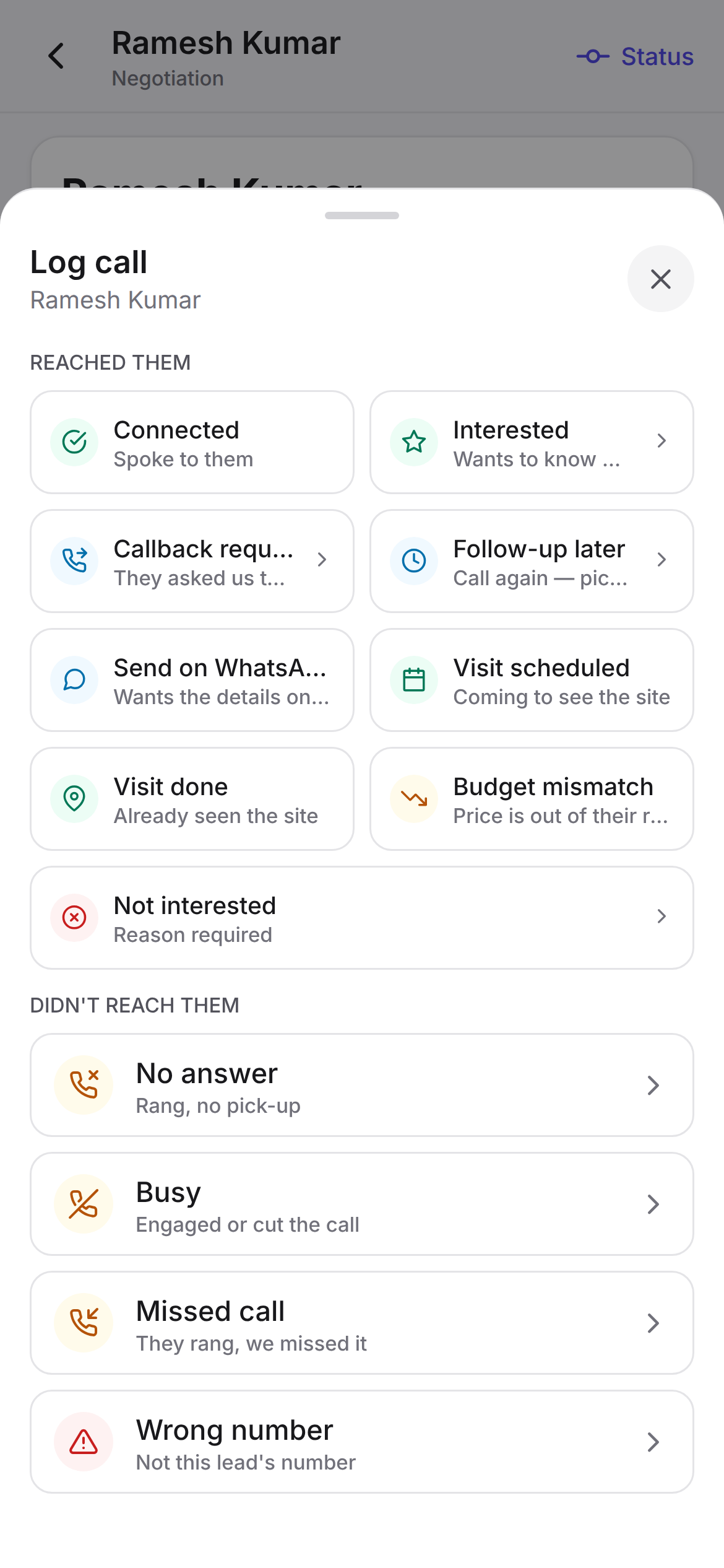 The same thirteen-outcome call sheet in the app's light theme, with nine reached-them outcomes in a two-column grid and four didn't-reach-them outcomes as full-width rows.