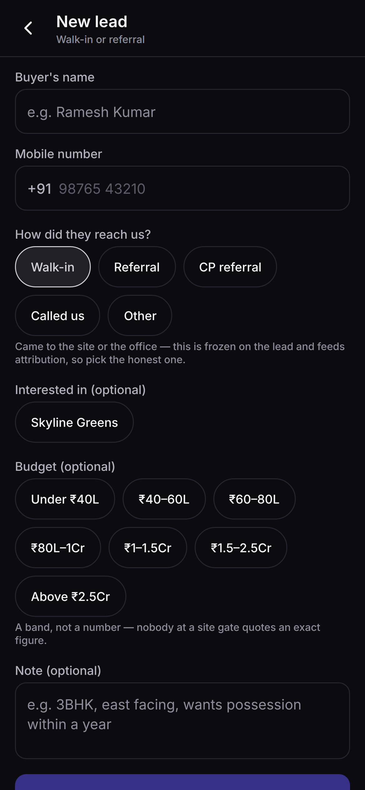 Saudaflow's walk-in capture screen on Android: name, plus ninety-one phone number, how they reached us, project, and a budget band picker.