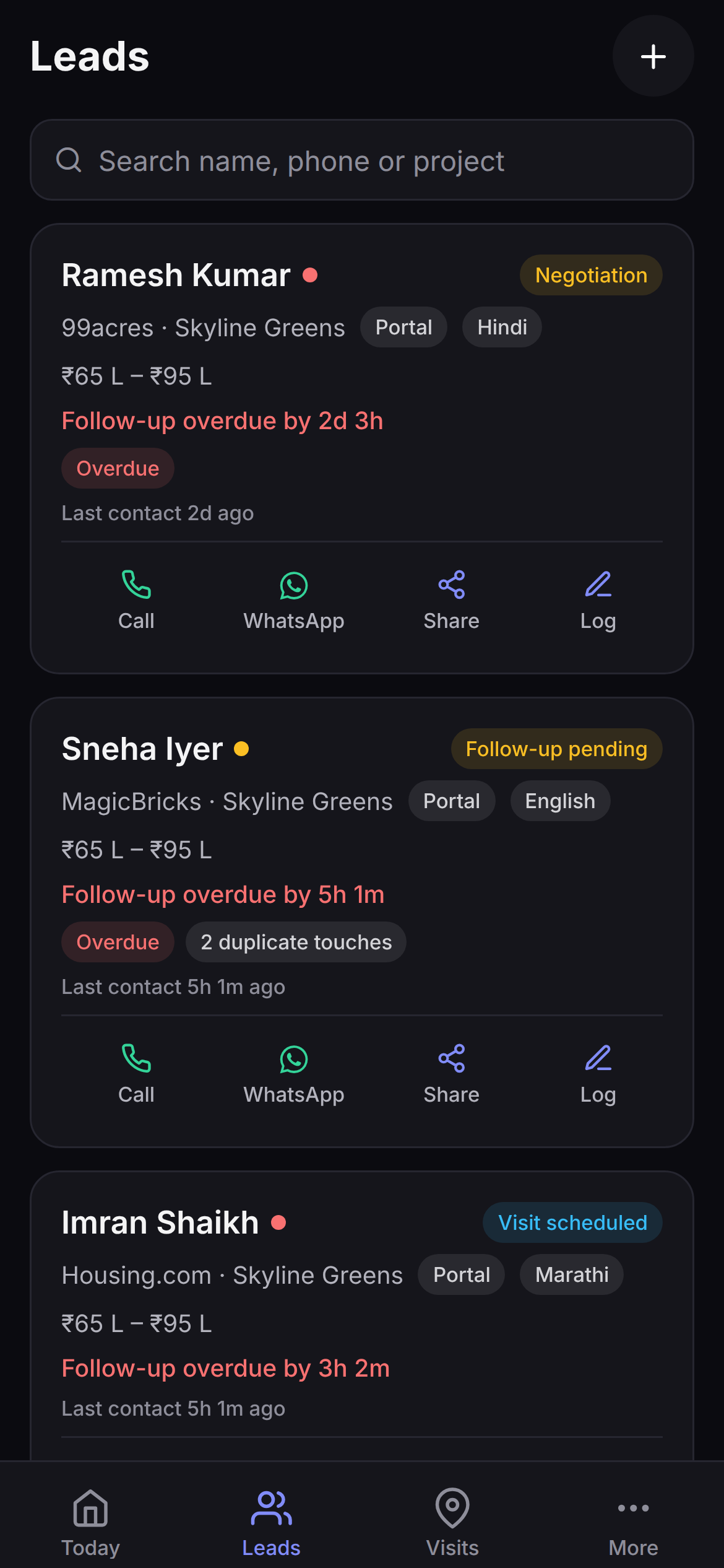 Saudaflow's lead pipeline on Android as a list: stage, source, channel, language, budget band, overdue follow-up warnings and duplicate-touch notes, with call, WhatsApp, share and log actions on each row.