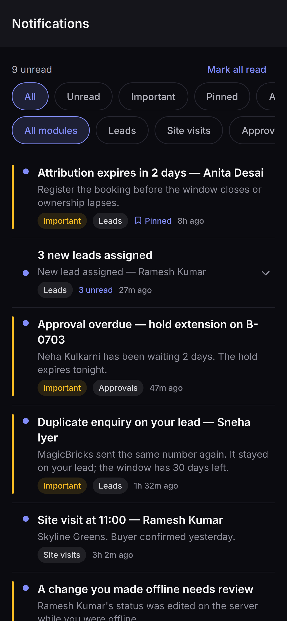Saudaflow's notifications on Android, filtered by all, unread, important, pinned and archived, each notification naming the action it needs.