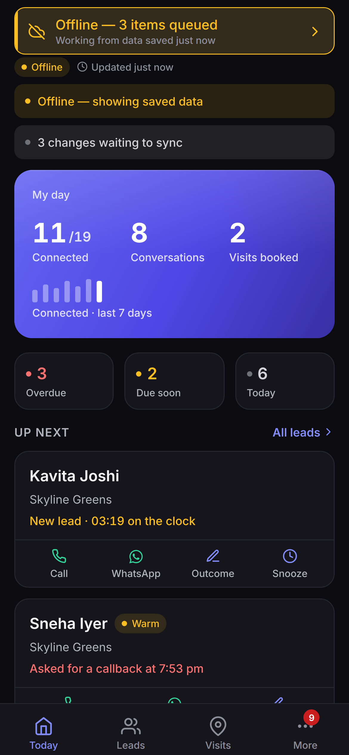 Saudaflow on Android with the radio switched off: a banner reading offline with three items queued, an offline chip, and the day's list underneath still fully usable.