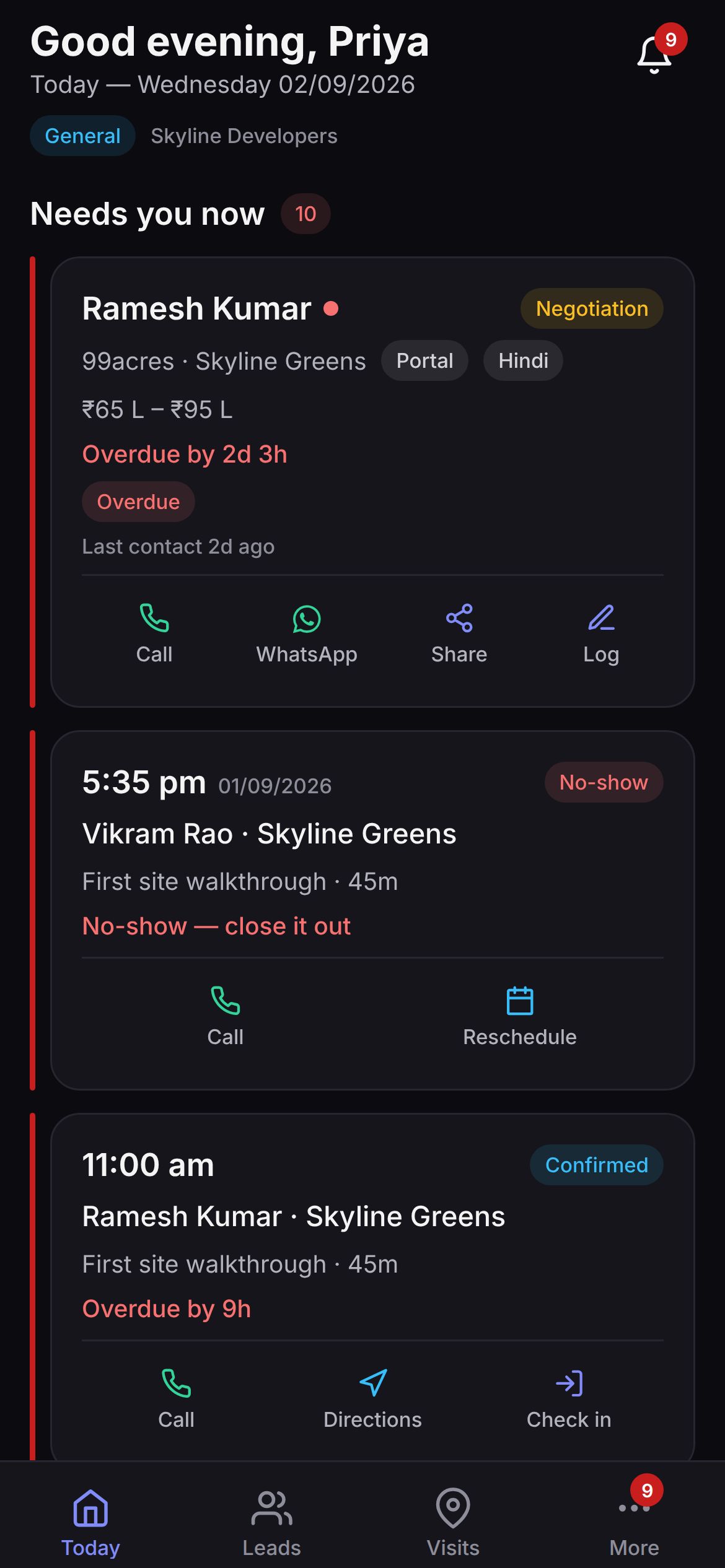 Saudaflow's fallback Android home screen, showing a needs-you-now count above a single mixed queue of leads and visits.