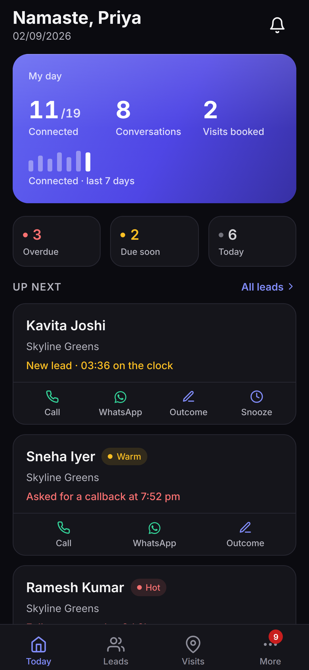 Saudaflow's Android home screen for a telecaller, showing the connect rate for the day, a seven-day bar, overdue follow-ups, and lead cards with call, WhatsApp, outcome and snooze actions.